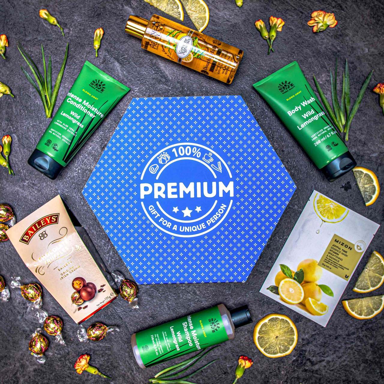 Hexagon plný kvalitní kosmetiky Lemon Grass - Modrý