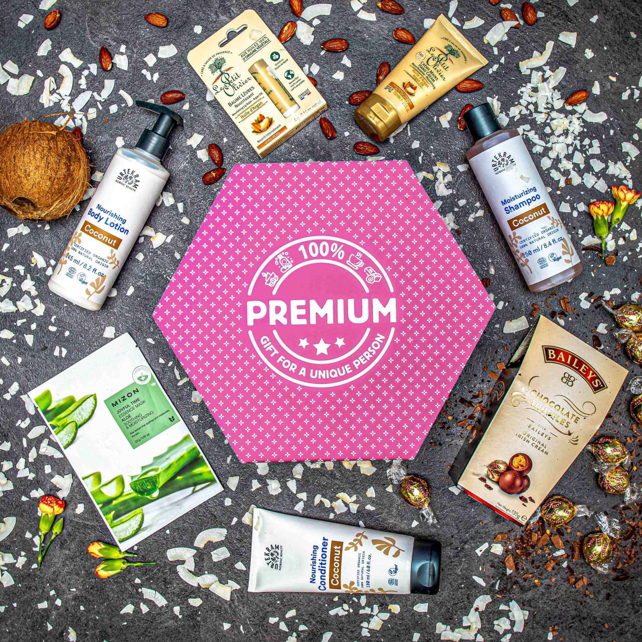 Hexagon plný kvalitní kosmetiky Kokos a Argan - Fialový