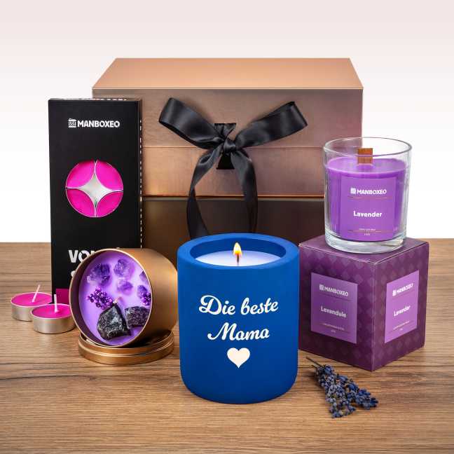 Geschenkbox für Mama voller Kerzen – Lavendel + Gravur