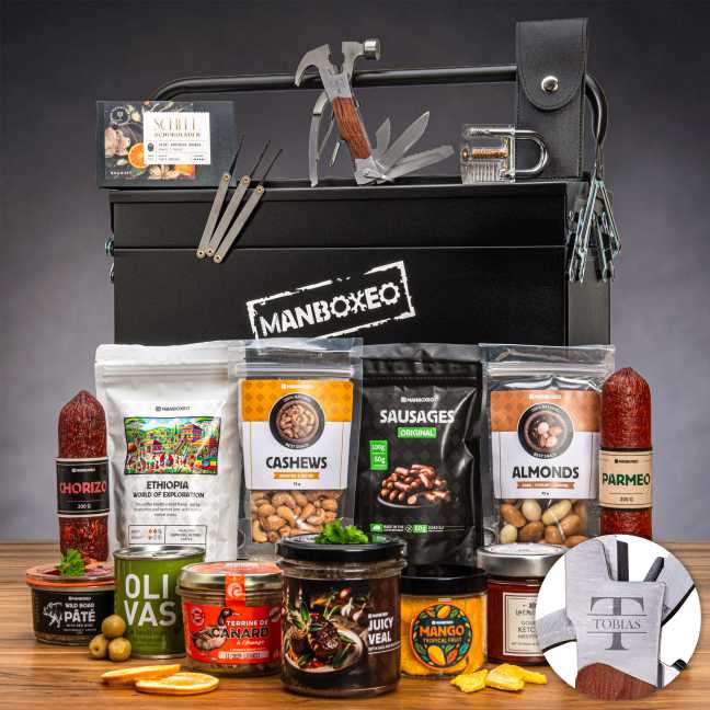 Toolboxeo voller Delikatessen + Multitool mit Gravur