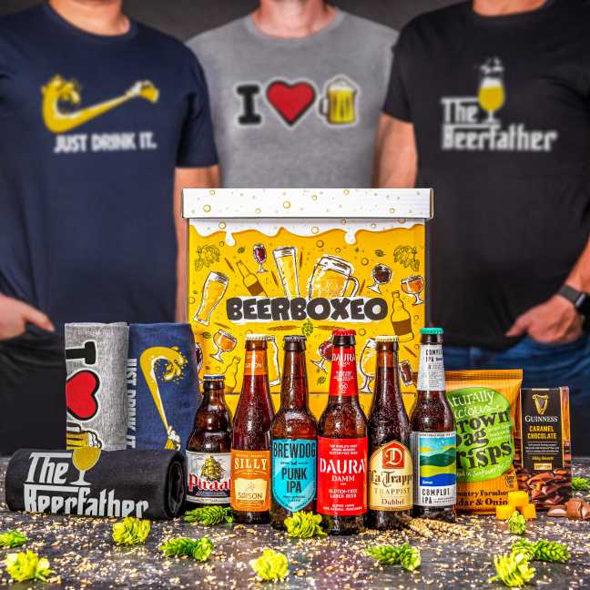 Beerboxeo - Geschenkverpackung voller Bierspezialitäten EXKLUSIVE mit Bier-T-Shirt