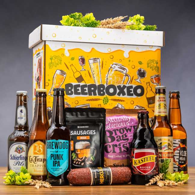 Beerboxeo - Geschenkverpackung voller Bierspezialitäten und Fleisch